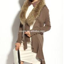 16STC8094 cashmere wool knit long open cardigan with fur collar